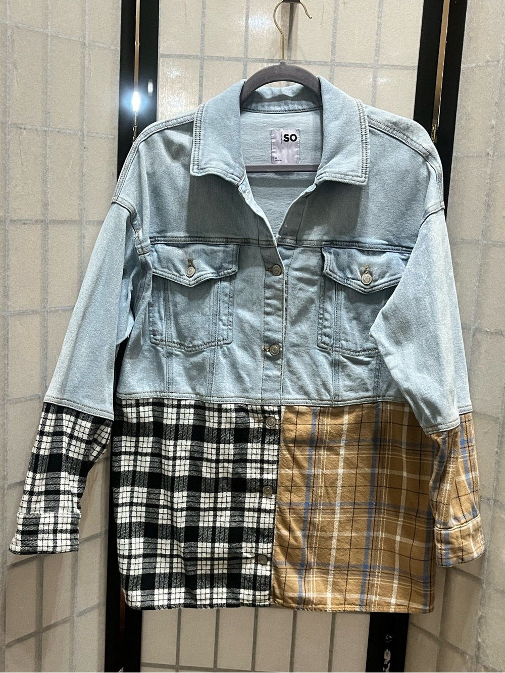 SO Light Blue Denim & Black/Tan Plaid Patchwork Jacket women SIZE M
